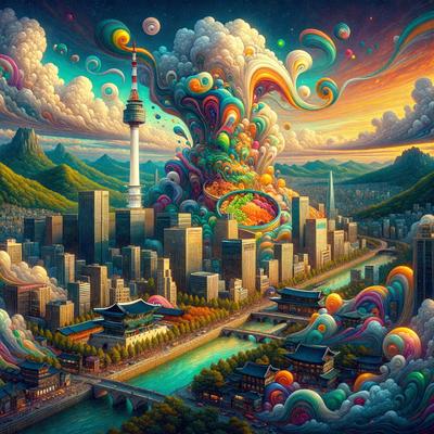The primary subject of the image is a cityscape with a large tower, possibly a space needle, towering over the city. The setting is a futuristic city with a river running through it. The visual style is a combination of digital art and illustration, creating a vibrant and colorful atmosphere. The colors and mood are predominantly bright and lively, with a sense of excitement and wonder.